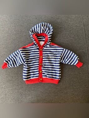 VTG Baby Dior Blue White Striped Hooded Cardigan with Red Trim Nautical 12M USA